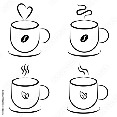 Coffee and Tea Mug Line Art Icons Set. Set of four minimalist line art vector icons featuring steaming hot mugs, with designs for both coffee (bean) and tea (leaf). vector illustration.