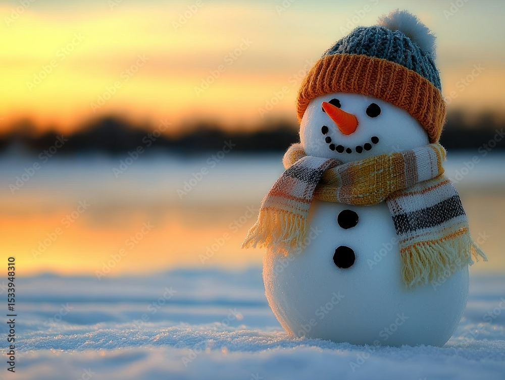 Fototapeta premium Winter snowman at sunset