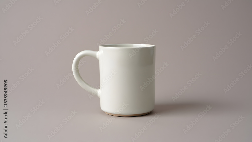 Fototapeta premium A simple offwhite ceramic mug sits on a neutral beige background