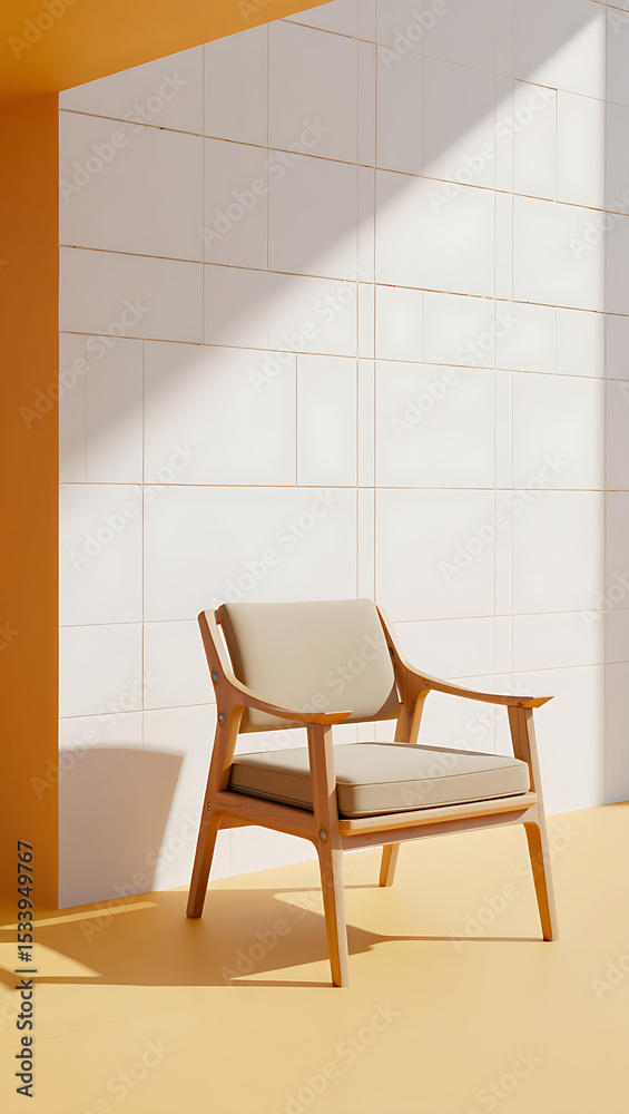 Fototapeta premium Modern Wooden Chair in Minimalist Interior with White Tiles