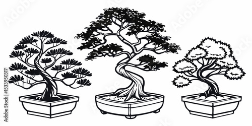 Detailed bonsai tree illustration of japanese zen art for gardening and nature enthusiasts and relaxation art vector design