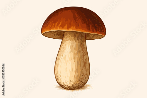 Porcini mushroom botanical illustration. Vintage hand-drawn sketch of Boletus edulis, an edible wild cep. Engraving style fungi for gourmet food and mycology concepts. Isolated.