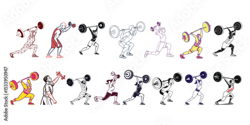 Vector Set of Male and Female Weightlifters in Action Poses - Fitness and Gym Illustration Pack