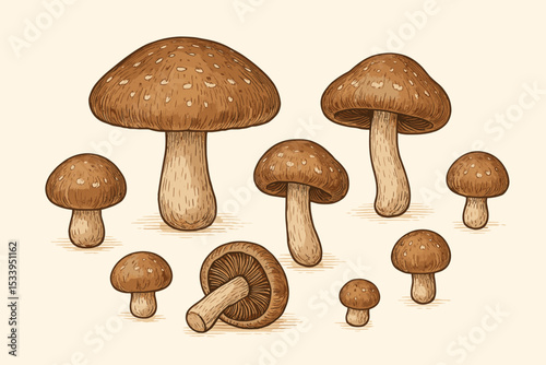 Shiitake mushroom set. Vintage botanical illustration of edible fungi. Hand-drawn gourmet food ingredient concept. Mycology drawing in an engraving style. Healthy organic food vector.