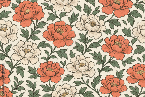 Vintage peony floral seamless pattern. Elegant botanical background in a classic Art Nouveau style. Retro ornamental illustration with flowers for textile, fabric, and wallpaper.