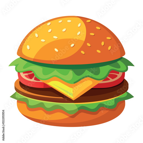 Colorful Vector Illustration of a Delicious Burger with Cheese, Lettuce, and Tomato on White Background