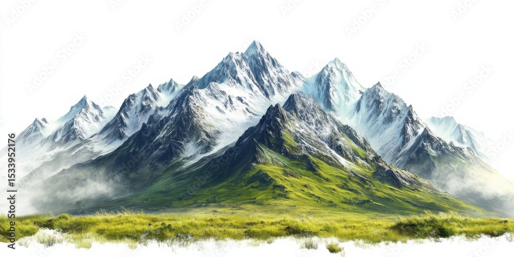 Fototapeta premium Serene mountain peaks majestic landscape nature illustration lush environment wide-angle view tranquility concept