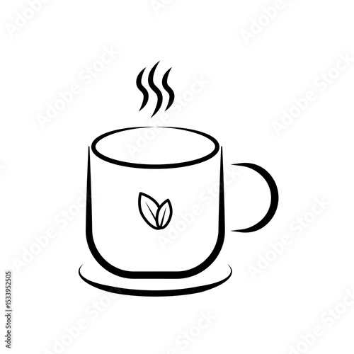 Hot Tea Mug Line Art Icon with Leaf. Minimalist line art illustration of a steaming hot tea mug with a delicate leaf design, perfect for wellness, cafe, or organic beverage concepts.