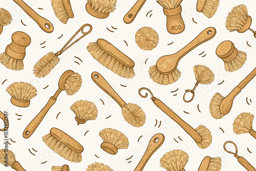 Seamless Pattern of Eco Friendly Cleaning Brushes. Zero Waste Wooden Scrub Brushes, Kitchen Tools, Biodegradable Utensils. Hand Drawn Brown Texture, Reusable Sustainable Household Products