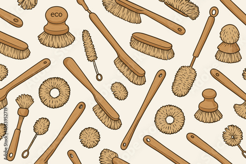 Eco friendly cleaning tools seamless pattern. Zero waste kitchen concept. Natural wooden brush, scrubber for sustainable household. Hand drawn vector background illustration.