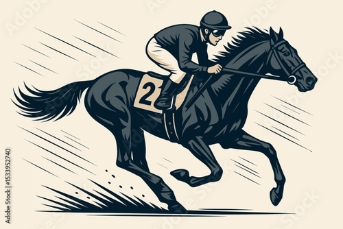 Vector illustration of a jockey riding a powerful black racehorse during a derby. High-speed equestrian sport competition concept. Dynamic retro-style graphic of a galloping horse.