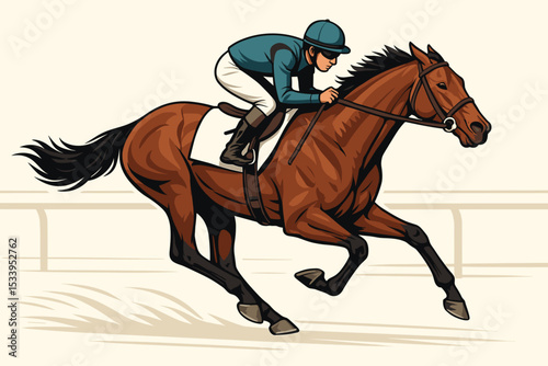 Dynamic vector illustration of a jockey riding a thoroughbred racehorse at full speed. Concept of horse racing, equestrian sports, derby competition, betting, and athletic power.