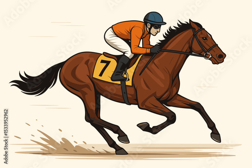 Jockey riding a fast racehorse during a derby. Equestrian sport competition concept. Galloping thoroughbred horse with rider on a racetrack. Vector illustration for betting theme.