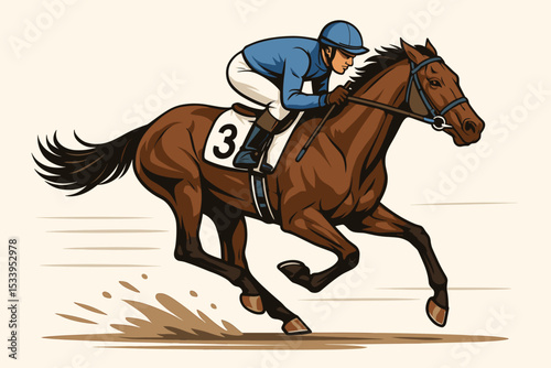 Jockey riding a fast racehorse in a competition. Equestrian sport concept. Vector illustration of a galloping thoroughbred stallion for derby or betting. Action, speed.