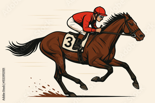 Jockey riding a thoroughbred racehorse in a fast-paced race. Vector illustration of equestrian sport competition. Galloping horse in action, concept for derby, betting and speed.