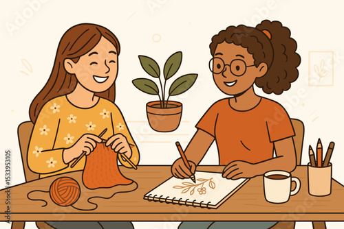 Friends enjoying creative hobbies together. Happy women at a table, one knitting, the other drawing in a sketchbook. Cozy diverse gathering, art class, workshop. Vector illustration.