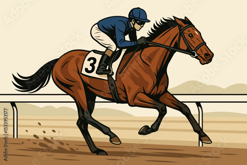 Horse racing vector illustration. Jockey riding a thoroughbred racehorse in full gallop. Dynamic action on the racetrack. Equestrian sport, competition, derby, and betting concept.