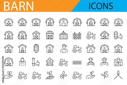 Collection of Rural and Farm Icons Including Barns and Farming Tools