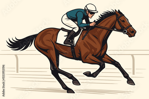 Galloping racehorse with jockey in full action. Equestrian sport competition on a racetrack. Fast thoroughbred running in a derby. Vector illustration for betting or sport logo.