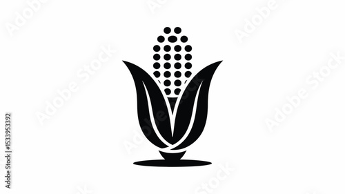 A black and white graphic illustration of an ear of corn with leaves on a white background simple design