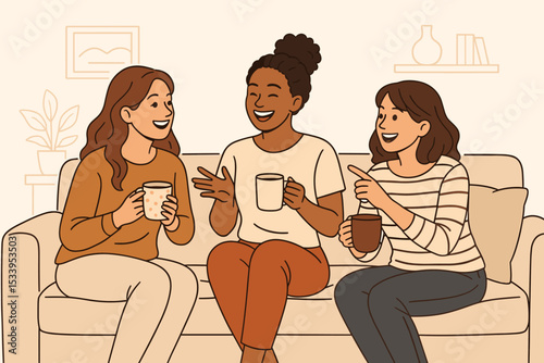 Happy multiracial female friends talking on couch, drinking coffee. Diverse group of young women chatting together. Friendship, communication, support and leisure concept vector.