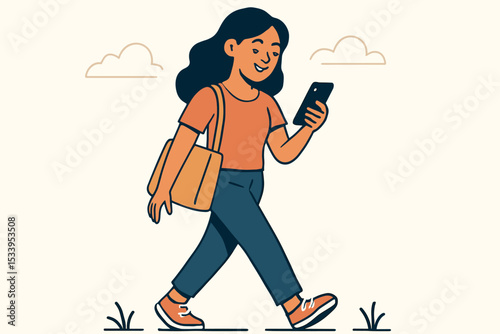 Happy woman walking and using smartphone. Young girl character strolling outdoors looking at her mobile phone. Concept of digital lifestyle, social media, communication, connectivity. Vector.