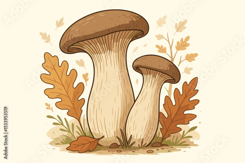 King oyster mushroom illustration with autumn oak leaves. Vector graphic of two Pleurotus eryngii. Forest fungi drawing for botanical, food or seasonal design concepts.