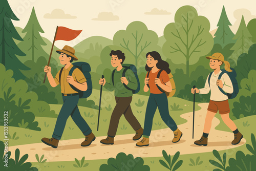 Happy friends on a hiking adventure. Group of tourists with backpacks on a forest trail. Concept of travel, exploration, teamwork, trekking, journey, and healthy lifestyle.