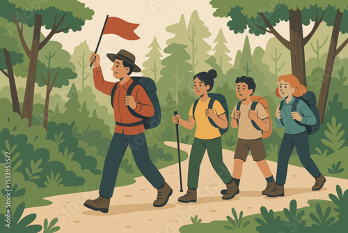 Hiking adventure with family or friends. Group of people walking on forest trail. Leader with flag guiding the team. Outdoor trekking, tourism and exploration vector concept.