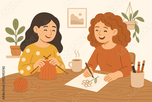 Two women friends enjoy creative hobbies. Girl knitting with yarn, another drawing a flower. Concept for friendship, leisure, workshop, cozy home life, handcraft, relaxation.