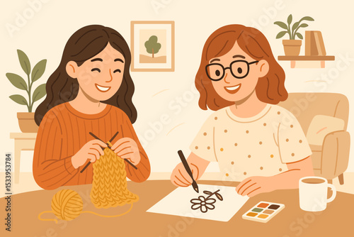 Two women friends enjoying creative hobbies together at home. Girl knitting with yarn and another painting with watercolors. Cozy leisure activity and friendship concept vector.