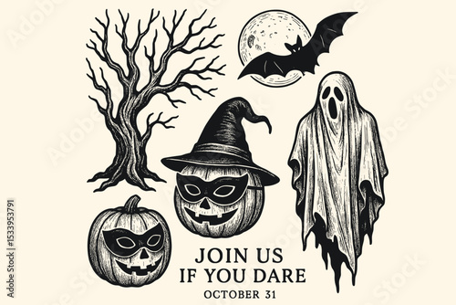 Halloween invitation design set with creepy vintage illustrations. Hand drawn linocut style graphics of a ghost, masked pumpkin, bat, and scary tree for a spooky party.