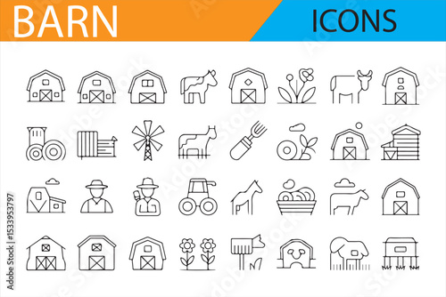 Icon Set Representing Barns, Farms, Livestock, and Agricultural Life

