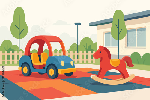 Colorful kindergarten playground with rocking horse and toy car. Flat design vector illustration for preschool, daycare, and childhood education concepts. Outdoor fun and games.