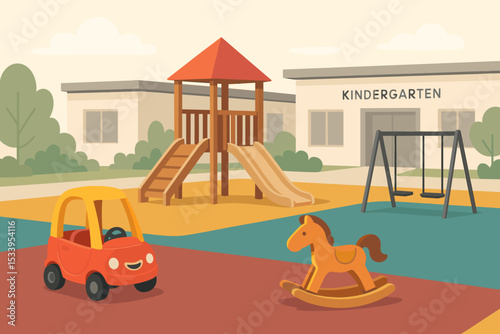 Kindergarten playground with slide, swing, and toys. Flat vector illustration of a schoolyard. Preschool or daycare exterior for childhood education. Outdoor play area scene.