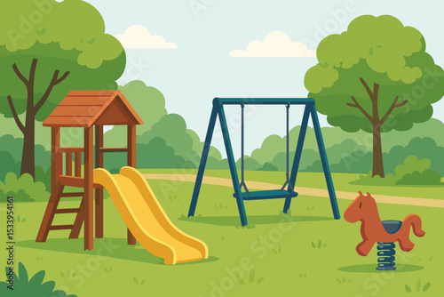 Empty children's playground in a city park. Outdoor summer landscape background with slide, swing, and play equipment for kids. Vector illustration for childhood recreation.