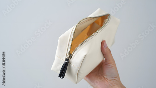 A creamy offwhite canvas cosmetic bag, subtly accented with a black tassel, rests open in a hand, isolated on white background