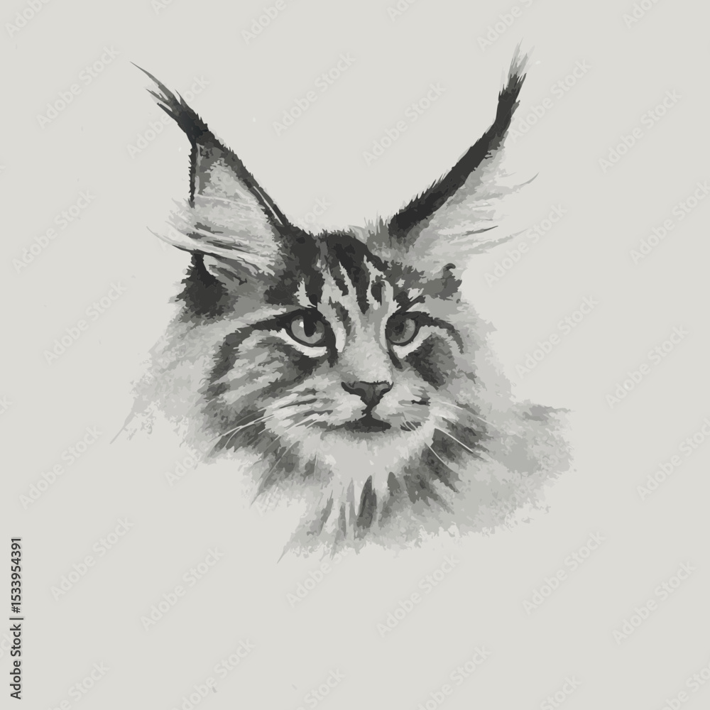 Maine Coon gato, pelaje esponjoso y orejas de lince-como, vector mínimo de arte de línea
