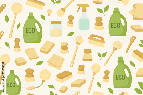 Eco friendly cleaning supplies seamless pattern. Vector background of natural, sustainable, zero waste household products. Green living, housekeeping concept illustration.