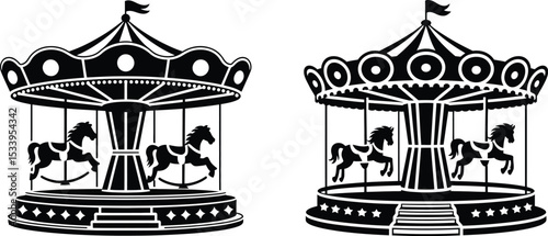 A black and white illustration of a carousel with horses and a striped tent top design element vector