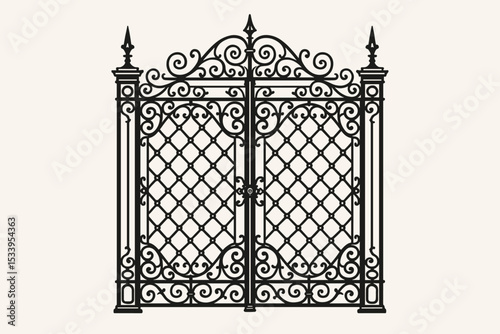 Ornate wrought iron gate silhouette vector illustration. Vintage decorative metal fence for a garden or mansion entrance. Classic architectural element with elegant scrollwork design.