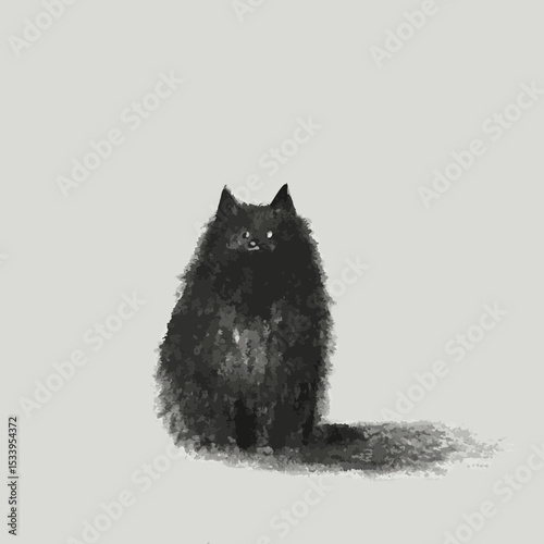Gato negro esponjoso sentado sobre fondo gris claro