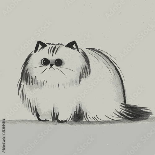 Simpática ilustración de un gato peludo en suave escala de grises