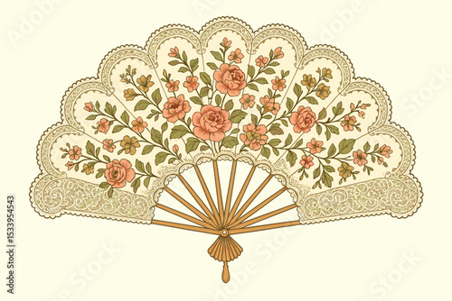 Vintage 18th century hand fan with floral rose pattern and lace border. Elegant antique ladies fashion accessory. Rococo, Baroque style vector graphic isolated on background.