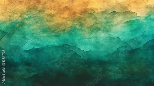 A colorful hand-painted watercolor background with a mix of deep green turquoise and warm golden hues blending together in soft strokes and rich gradients