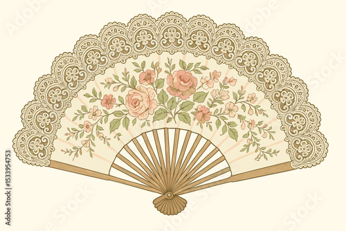 Elegant 18th-century hand fan with intricate lace trim and a delicate floral rose pattern. Vintage ladies' accessory in a classic Victorian or Rococo style. Romantic hand-drawn vector.