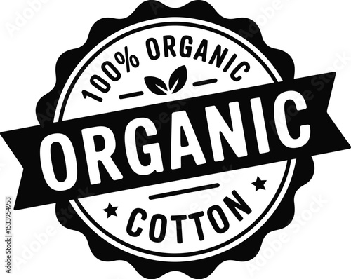 A black and white badge with the words one hundred percent organic cotton and a leaf design on top center