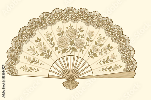 Elegant vintage hand fan from the 18th century with ornate lace and floral rose pattern. Historical Rococo or Baroque style woman's accessory. Classic decorative object isolated.