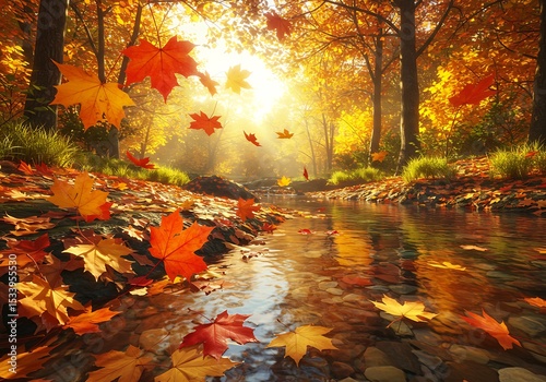 Autumnal Forest Stream with Falling Leaves. Generative Ai