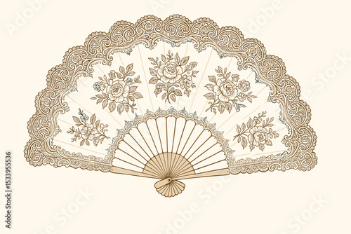 Vintage hand fan with ornate lace and floral rose pattern. Elegant 18th century Rococo style accessory. Antique filigree decoration. Classic vector illustration in sepia tones.